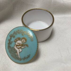 Vintage Spode Fine Bone China Trinket Box Cherub teal and gold Floral Pattern.